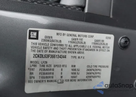 2006 Pontiac Torrent из США, поврежденный, VIN 2CKDL63F366134344